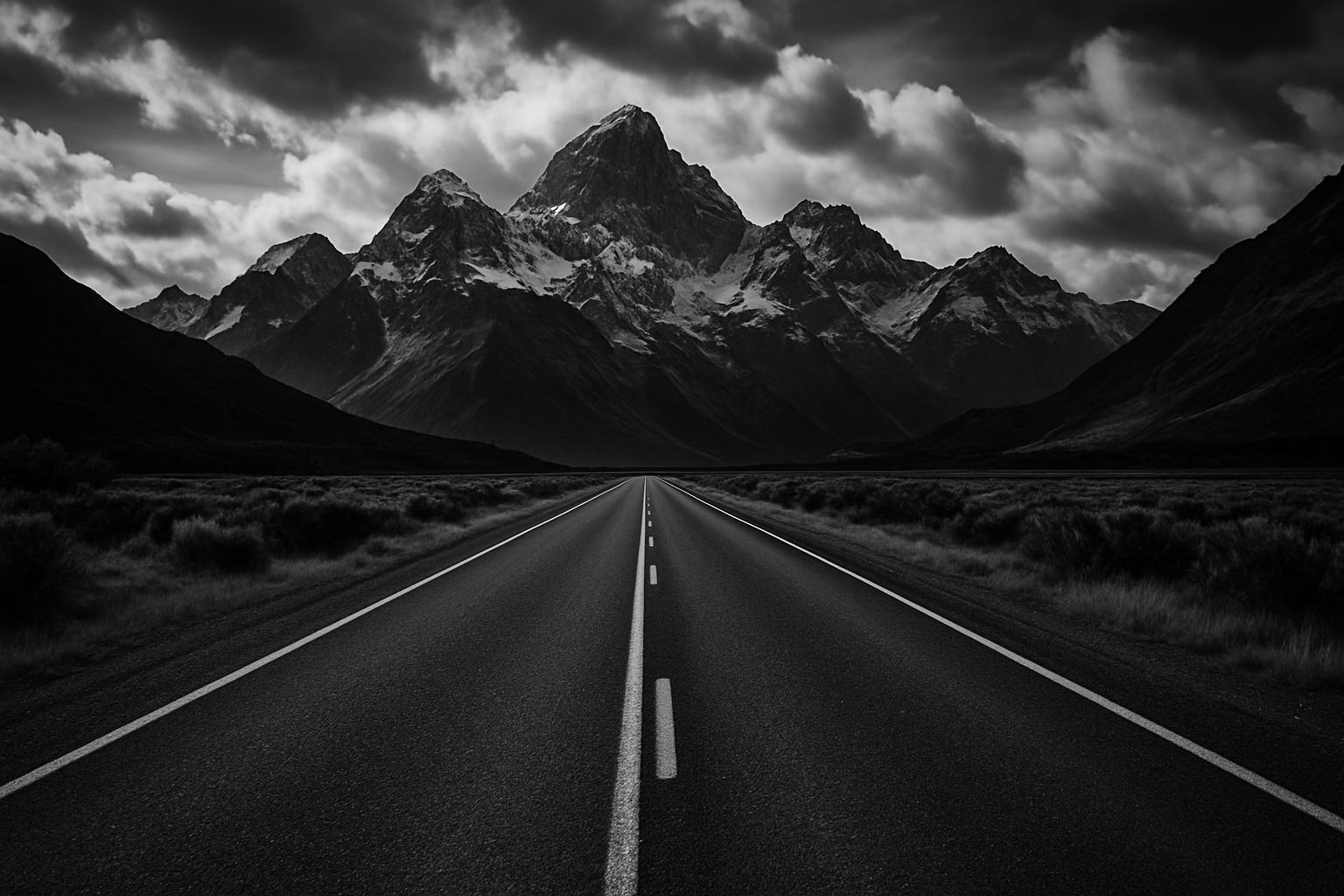 black and white photo of a road with a mountain range in the background
