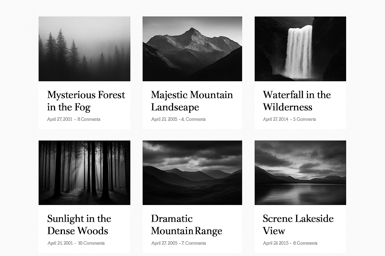 blog list view with black and white photos of nature scenes