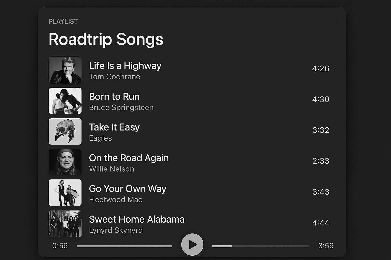 faux car playlist with roadtrip songs listed including album thumbnails in black and white