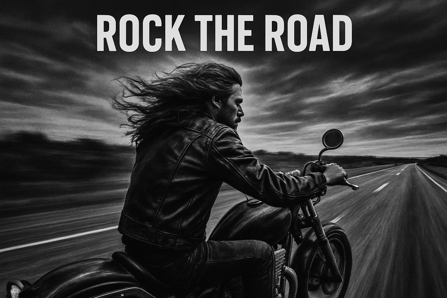 playlist cover for "Rock the Road" playlist. Black and white photo in the background of a a guy in leather riding his motorcycle on the highway he has long hair and is very like metallica